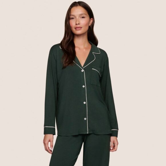 Eberjey "Gisele" Long Sleeve Pajama Set in Pine/Ivory (S) - Picture 1 of 10